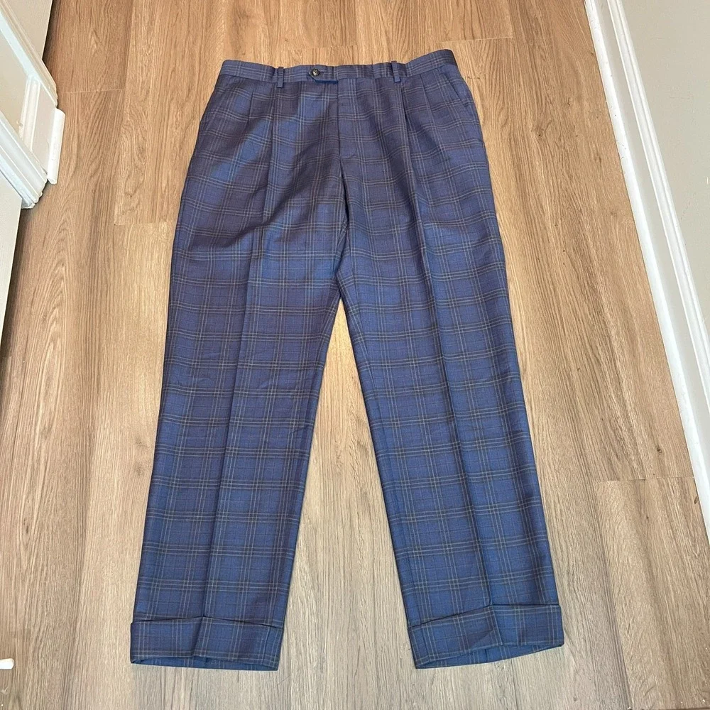 Jos. A. Bank 42L 100% Wool Navy Glen Plaid Suit Double Pleated Cuffed Pants